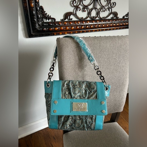 Sharif Handbags - Sharif Teal Snake-Pattern Shoulder Bag w Silver Accents